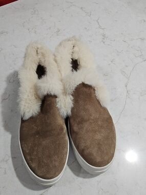 J/SLIDES Taupe Suede Slip-On Sneakers with Cream Faux Fur Collar